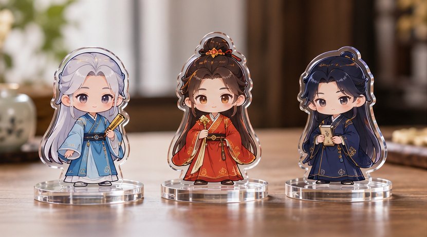 Acrylic standee set on a wooden table